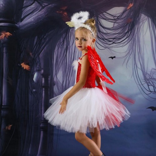 Girls Toddler xmas christmas party event red feather tutu skirts ballet  jazz dance dresses mesh princess dress Halloween angel with demon kids role play costume